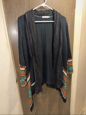 Adore Black Open-Front Cardigan with Colorful Aztec Trim
